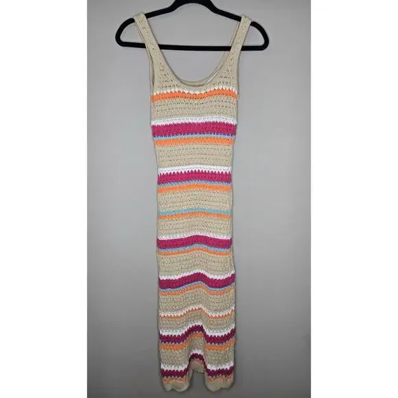 Womens Paper Heart Crochet Bodycon Midi Dress Tan, Turquoise, Pink, Orange Sz XS - Picture 1 of 6